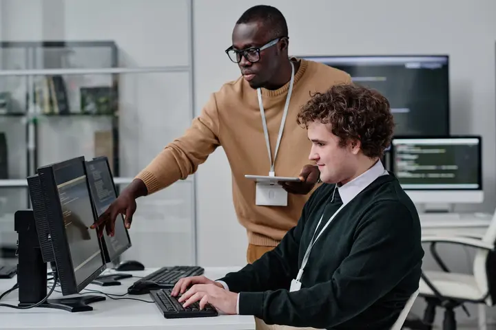 Colleagues developing new-code for program.